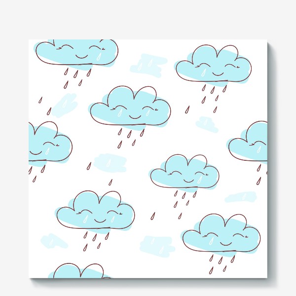 Холст « «Милое улыбающееся облако с каплями дождя. Нарисованный вручную бесшовный узор. »»