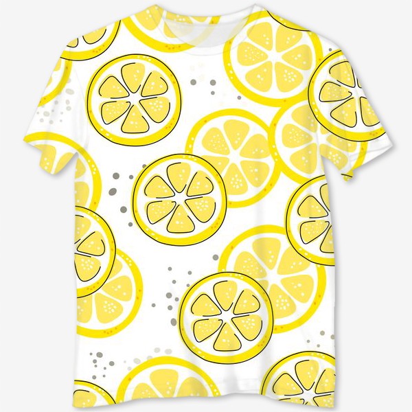 Футболка с полной запечаткой ««Лимон - бесшовная текстура на белом фоне. Свежие желтые плоды лимона, лайма.»»