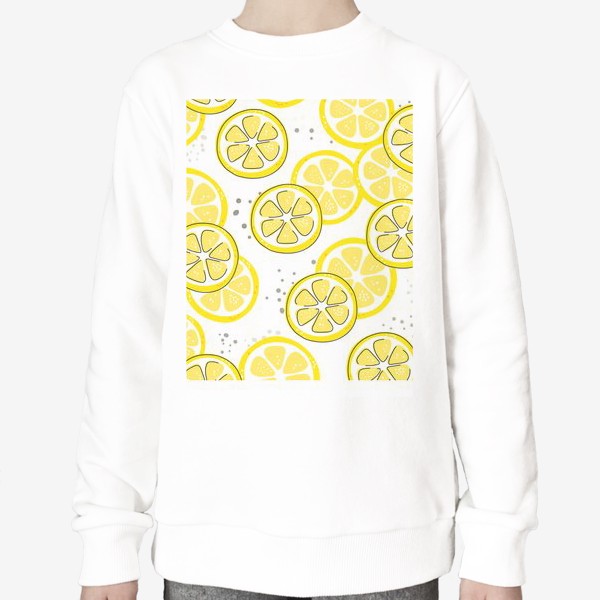 Свитшот ««Лимон - бесшовная текстура на белом фоне. Свежие желтые плоды лимона, лайма.»»