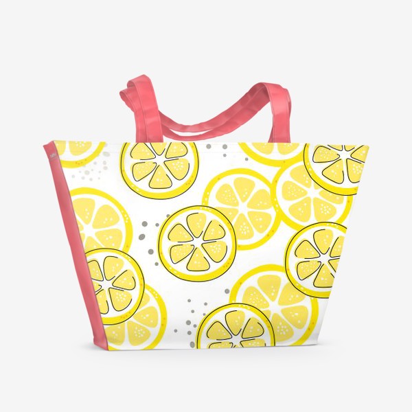 Пляжная сумка &laquo;«Лимон - бесшовная текстура на белом фоне. Свежие желтые плоды лимона, лайма.»&raquo;