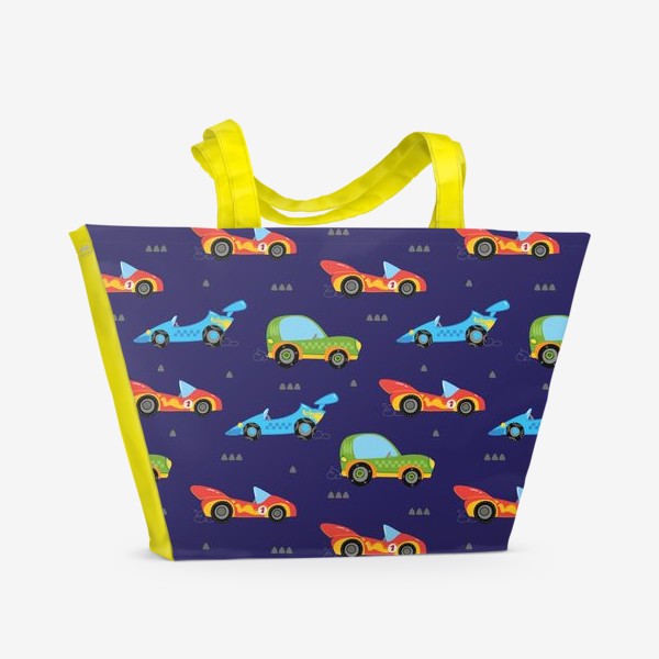 Пляжная сумка «Разноцветные машины на синем фоне»