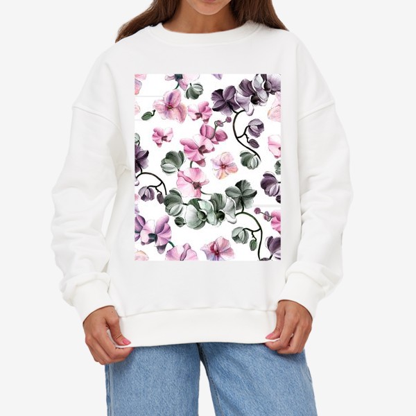 Свитшот «Орхидеи и гортензии на белом фоне»