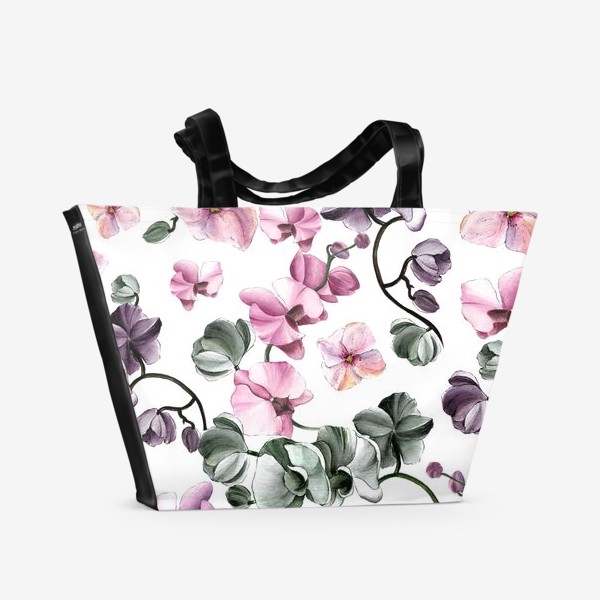 Пляжная сумка &laquo;Орхидеи и гортензии на белом фоне&raquo;