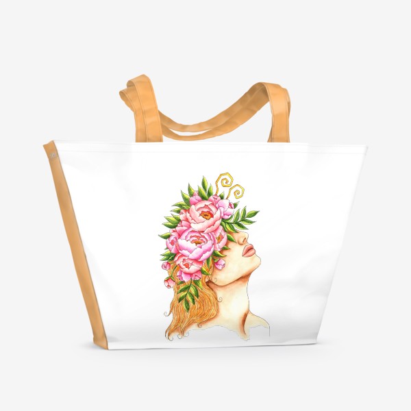 Пляжная сумка «Девушка в венке из пионов»