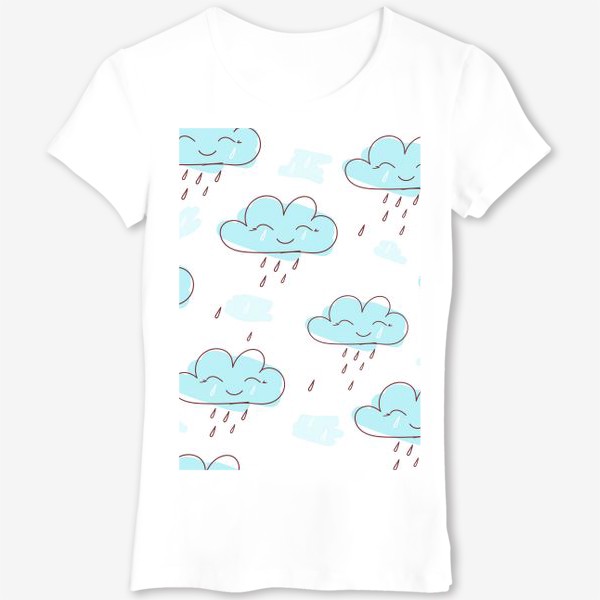 Футболка &laquo; «Милое улыбающееся облако с каплями дождя. Нарисованный вручную бесшовный узор. »&raquo;