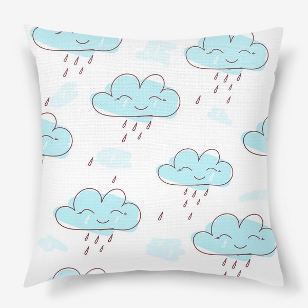 Подушка « «Милое улыбающееся облако с каплями дождя. Нарисованный вручную бесшовный узор. »»