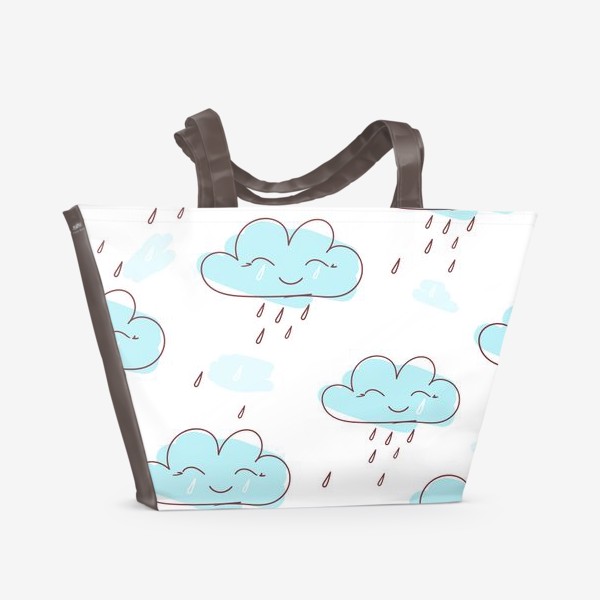Пляжная сумка « «Милое улыбающееся облако с каплями дождя. Нарисованный вручную бесшовный узор. »»