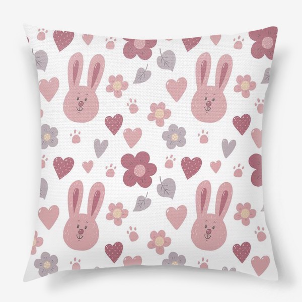 Подушка «Розовый кролик. Зайчик. Пасха. Для девочки. Цветы. Сердечки. Милый зайка»