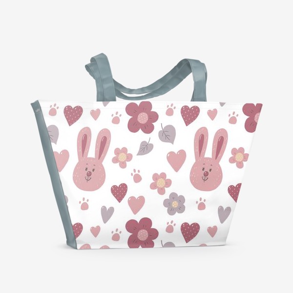 Пляжная сумка «Розовый кролик. Зайчик. Пасха. Для девочки. Цветы. Сердечки. Милый зайка»