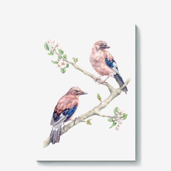 Холст &laquo;Акварельная пара птиц на яблоневой ветке в цвету.&raquo;
