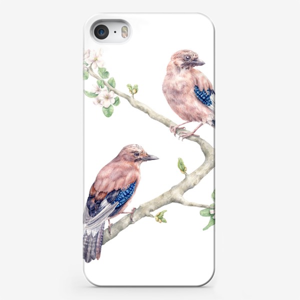 Чехол iPhone «Акварельная пара птиц на яблоневой ветке в цвету.»