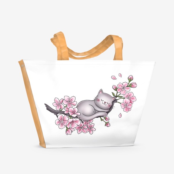 Пляжная сумка «Котик на цветущей сакуре (8 марта)»