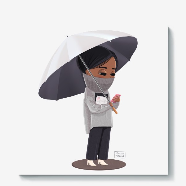 Холст &laquo;Девушка с телефоном под зонтом&raquo;