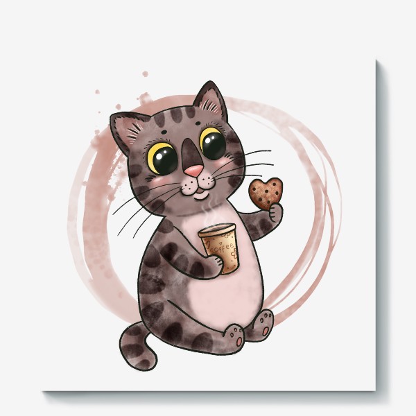 Холст «Котик с кофе и печенюшкой»