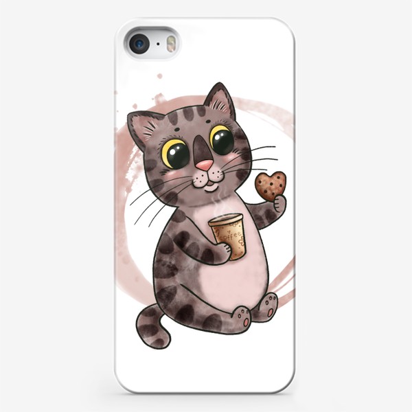 Чехол iPhone «Котик с кофе и печенюшкой»