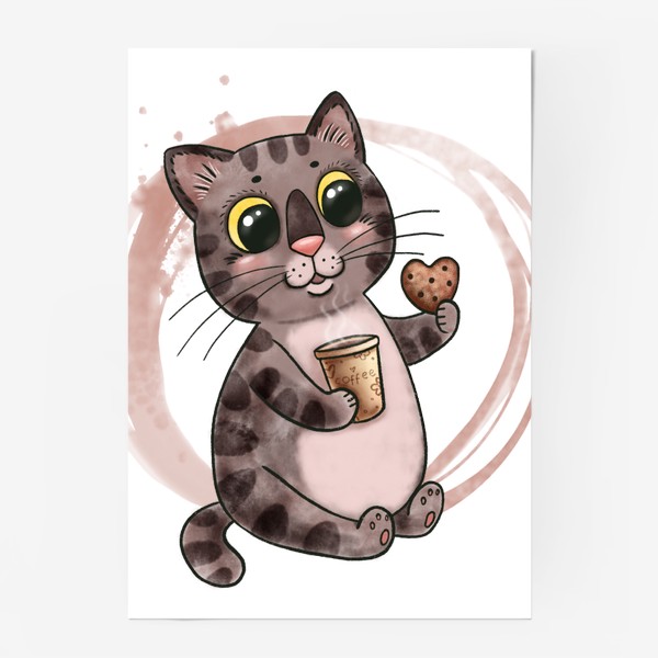 Постер «Котик с кофе и печенюшкой»