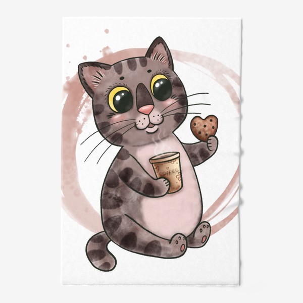 Полотенце «Котик с кофе и печенюшкой»