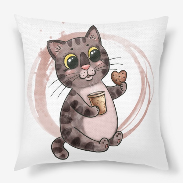 Подушка «Котик с кофе и печенюшкой»