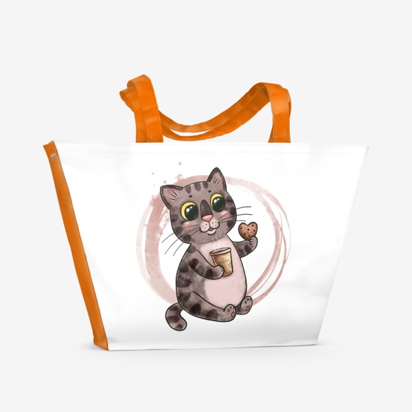 Пляжная сумка «Котик с кофе и печенюшкой»