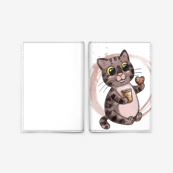 Обложка для паспорта «Котик с кофе и печенюшкой»