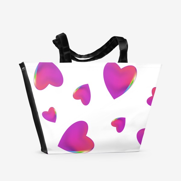 Пляжная сумка «Паттерн, узор с розовыми, сиреневыми сердцами с радужным краем. Стеклянные сердца »