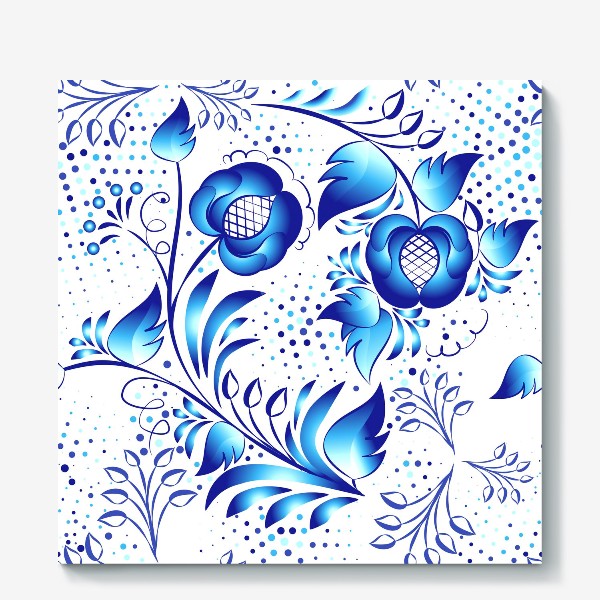 Холст «Синий элемент узора для дизайна в стиле Гжель этнической росписи по фарфору. Цветочный фон с листьями и цветами.»