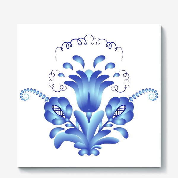 Холст «Синий букет цветов. Элемент узора в стиле Гжель. Роспись кобальтом по фарфору. Цветочный элемент с листьями и завитками»