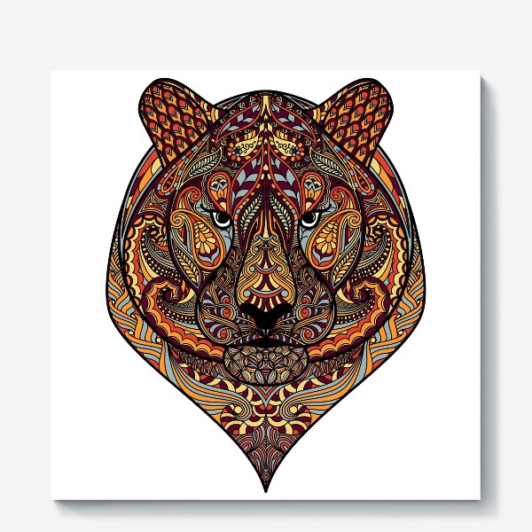 Холст &laquo;Тигр  Цветная Узорчатая голова. Портрет тигра Рисунок с этническим орнаментом. Узор в стиле  дудлинг на морде животного&raquo;