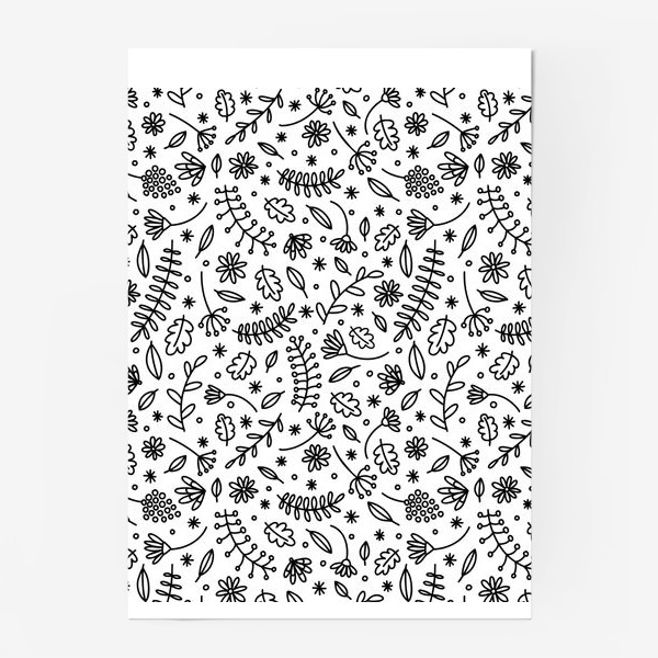 Постер «Черно белый растительный паттерн с цветами и листьями»