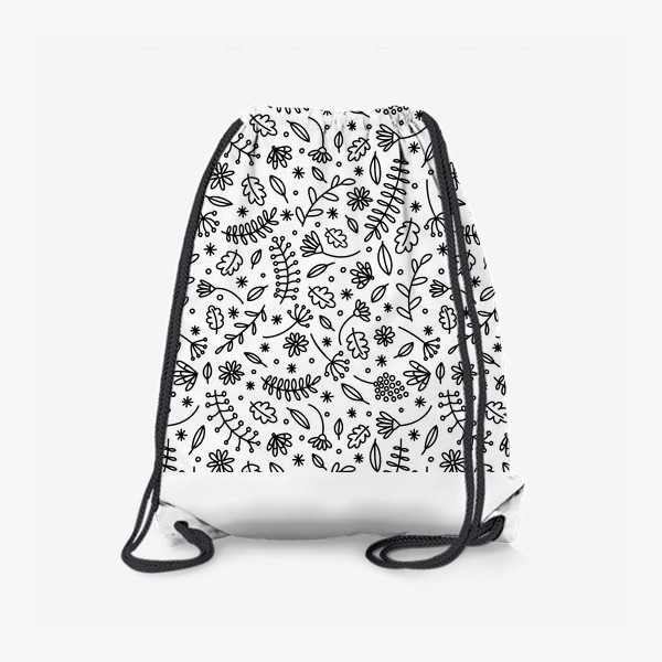 Рюкзак «Черно белый растительный паттерн с цветами и листьями»