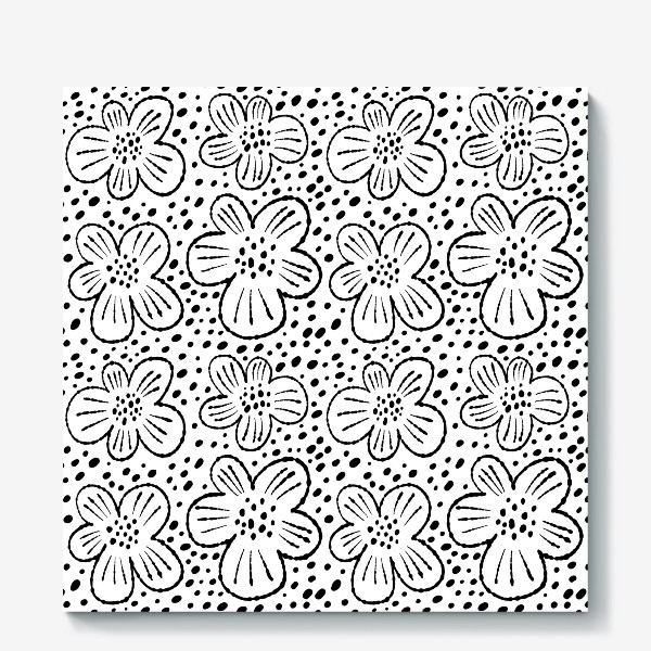 Холст «Черно-белый паттерн с цветами и точками»