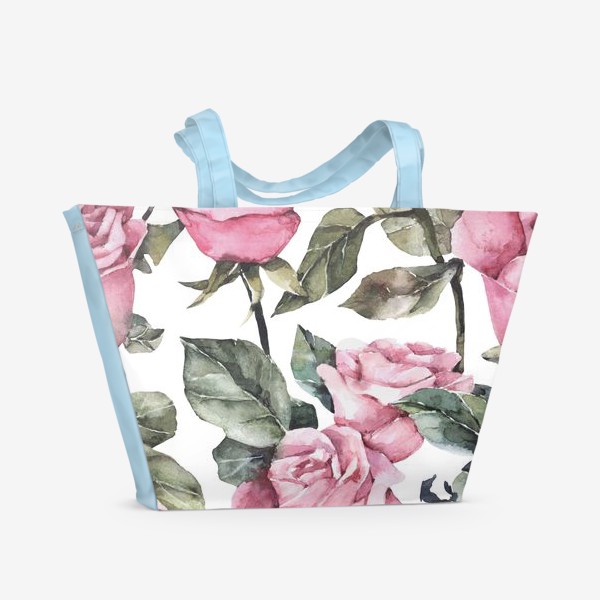 Пляжная сумка «Акварельный паттерн. Розовые розы на белом фоне»