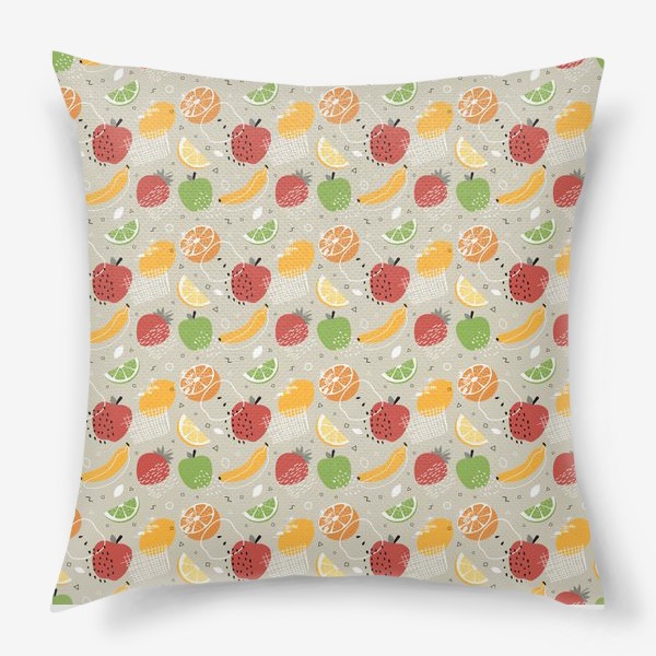 Подушка «Фруктовый паттерн с яблоками, бананами, лимонами, клубникой, апельсинами и лаймом»