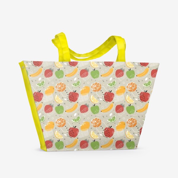 Пляжная сумка «Фруктовый паттерн с яблоками, бананами, лимонами, клубникой, апельсинами и лаймом»