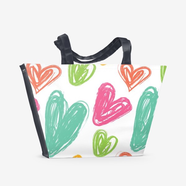 Пляжная сумка &laquo;Разноцветные сердца, нарисованные цветными карандашами&raquo;