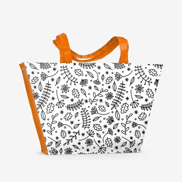 Пляжная сумка «Черно белый растительный паттерн с цветами и листьями»