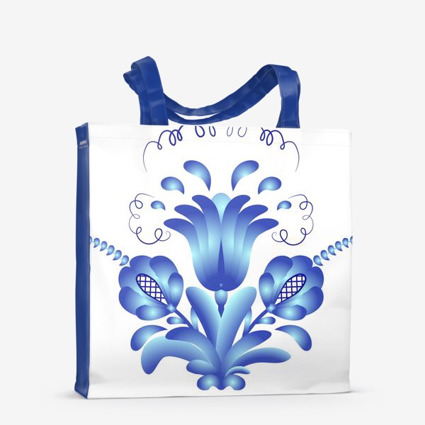 Сумка-шоппер «Синий букет цветов. Элемент узора в стиле Гжель. Роспись кобальтом по фарфору. Цветочный элемент с листьями и завитками»