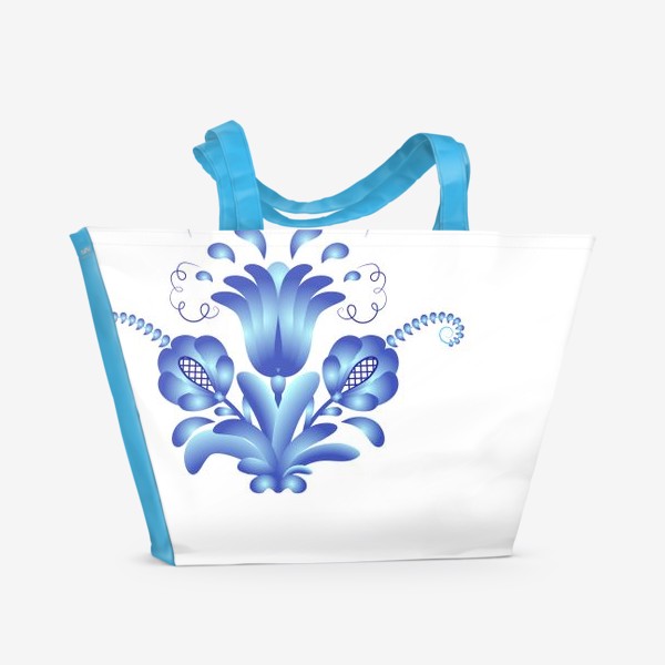 Пляжная сумка «Синий букет цветов. Элемент узора в стиле Гжель. Роспись кобальтом по фарфору. Цветочный элемент с листьями и завитками»
