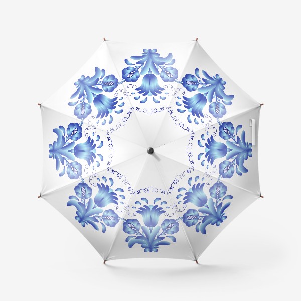 Зонт «Синий букет цветов. Элемент узора в стиле Гжель. Роспись кобальтом по фарфору. Цветочный элемент с листьями и завитками»