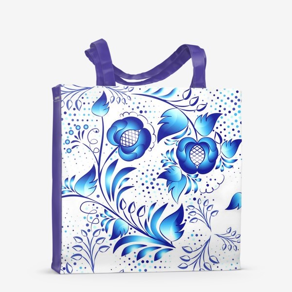 Сумка-шоппер «Синий элемент узора для дизайна в стиле Гжель этнической росписи по фарфору. Цветочный фон с листьями и цветами.»