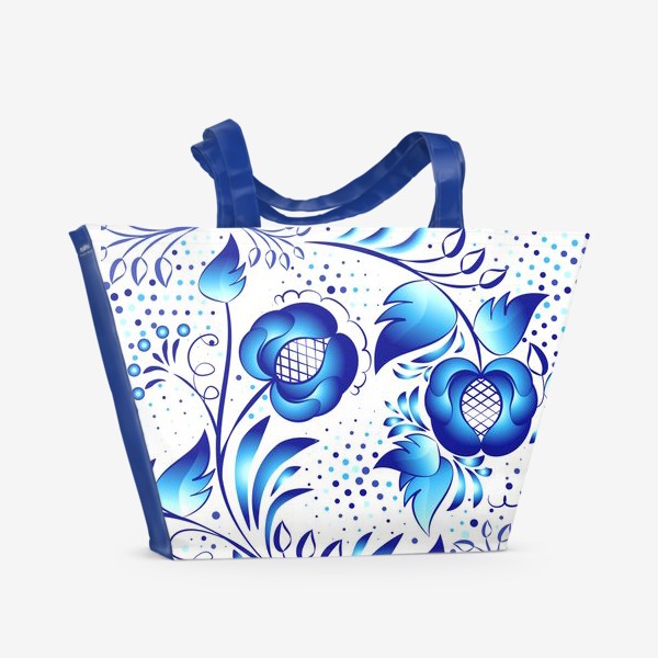 Пляжная сумка «Синий элемент узора для дизайна в стиле Гжель этнической росписи по фарфору. Цветочный фон с листьями и цветами.»