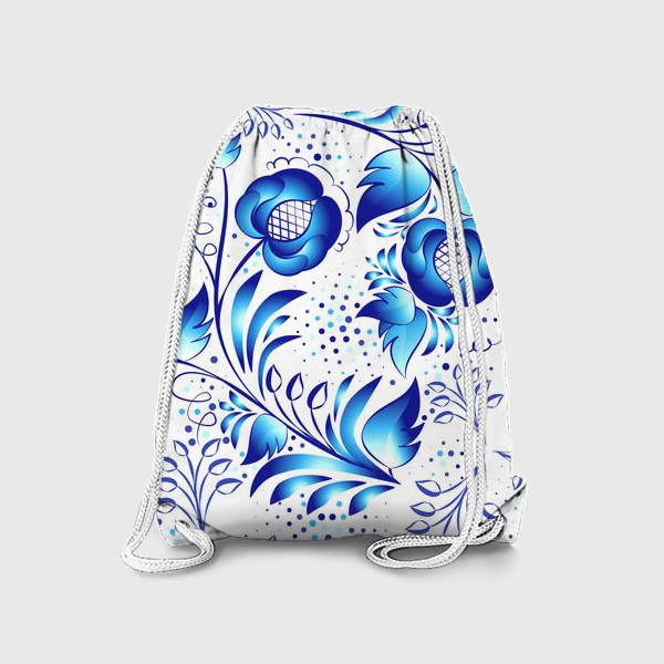 Рюкзак «Синий элемент узора для дизайна в стиле Гжель этнической росписи по фарфору. Цветочный фон с листьями и цветами.»
