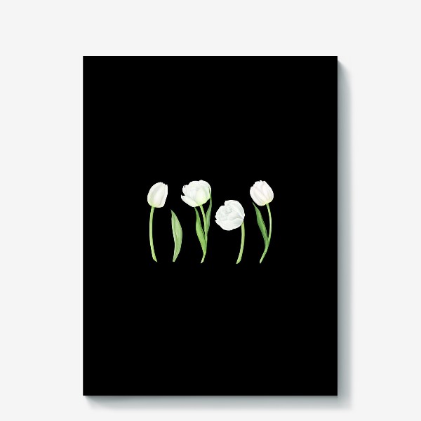 Холст «Белые тюльпаны на черном фоне»