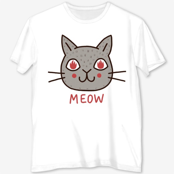 Футболка с полной запечаткой «Милый серый кот с огнём в глазах. Мяу. Meow»
