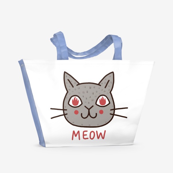 Пляжная сумка «Милый серый кот с огнём в глазах. Мяу. Meow»