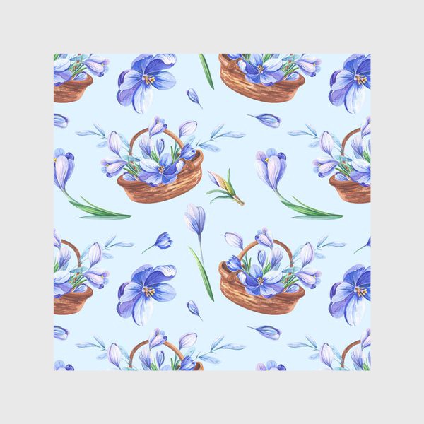 Скатерть «Весенние крокусы в корзине на голубом»