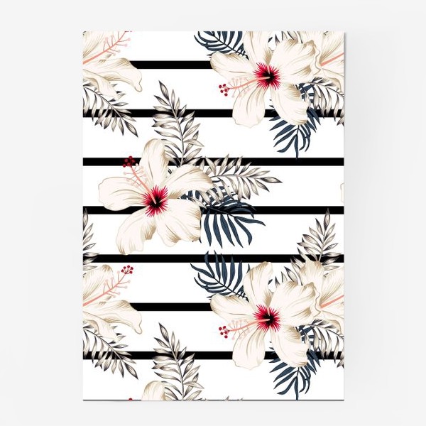 Постер «Тропические цветы и листья на полосатом фоне. Гибискусы. Паттерн»