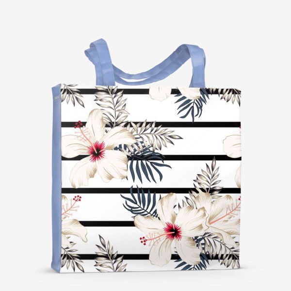 Сумка-шоппер «Тропические цветы и листья на полосатом фоне. Гибискусы. Паттерн»