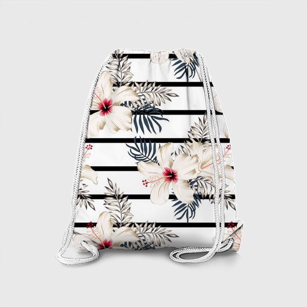 Рюкзак «Тропические цветы и листья на полосатом фоне. Гибискусы. Паттерн»