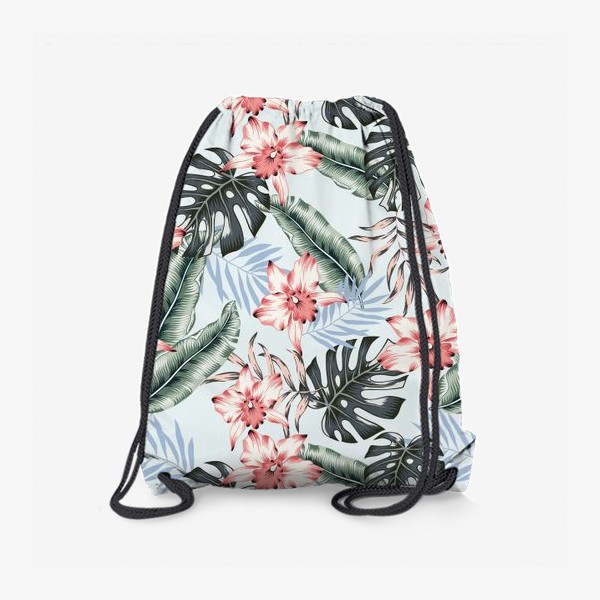 Рюкзак «Тропические розовые орхидеи и пальмовые листья. Голубой фон»